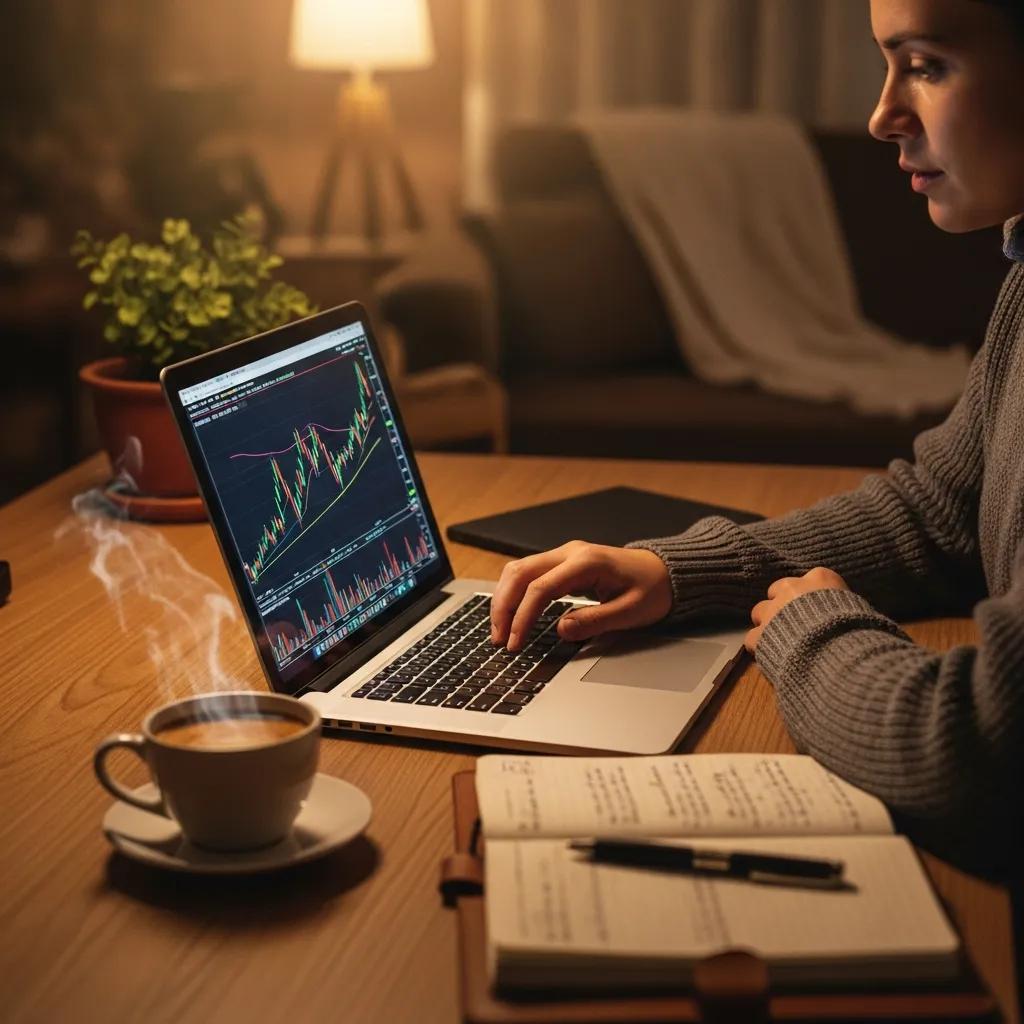 Cozy workspace with a person analyzing forex trading charts on a laptop, enhancing the learning experience